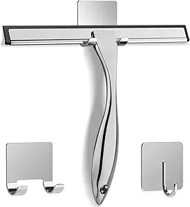 All-Purpose Stainless Steel Shower Squeegee for Shower Glass Door with 2 Adhesive Hooks, Bathroom Cleaner Tool Household Window Mirror Squeegee , Cleaning Tile Wall, Car, 10 Inch Silver